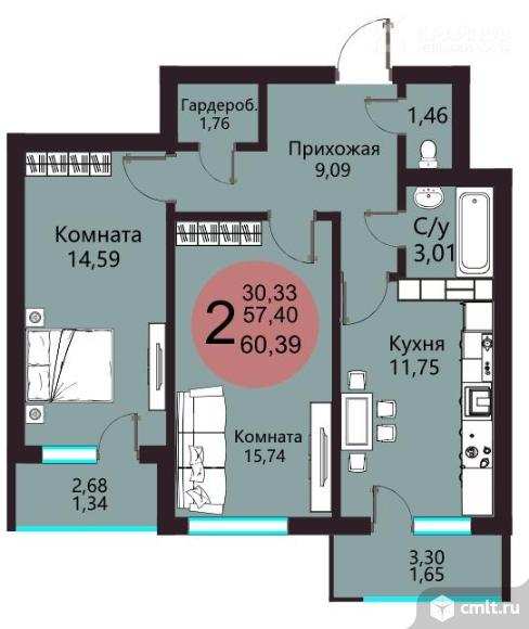 2-комнатная квартира 60,39 кв.м. Фото 1.
