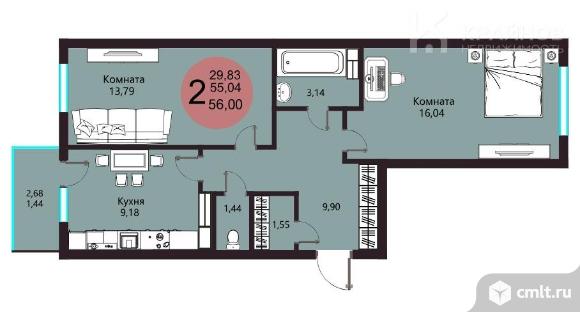 2-комнатная квартира 56 кв.м. Фото 1.