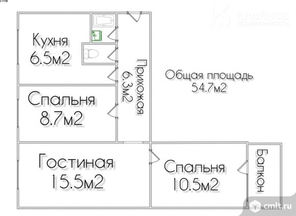 3-комнатная квартира 54,7 кв.м. Фото 1.