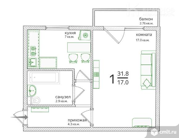 1-комнатная квартира 31,8 кв.м. Фото 1.