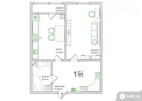 1-комнатная квартира 41,1 кв.м. Фото 1.