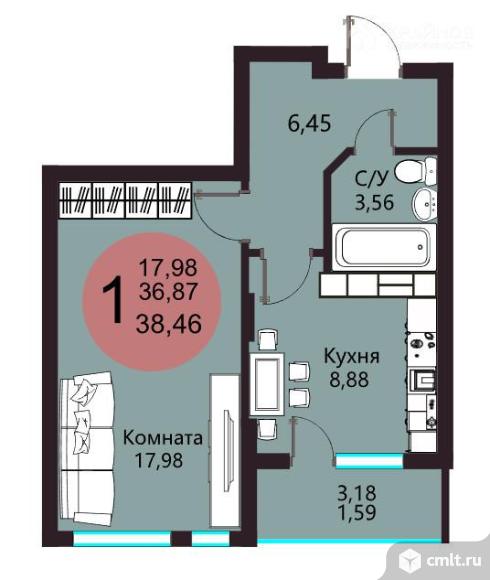 1-комнатная квартира 38,46 кв.м. Фото 1.
