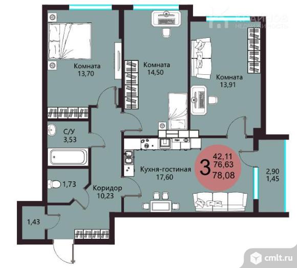 3-комнатная квартира 78,08 кв.м. Фото 1.
