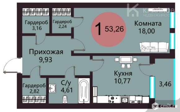 1-комнатная квартира 53,26 кв.м. Фото 1.