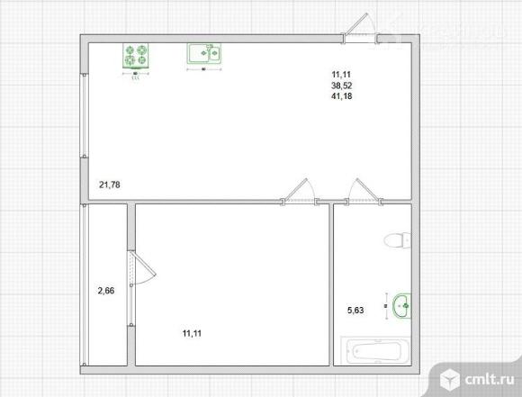 1-комнатная квартира 41,18 кв.м. Фото 1.