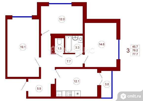 3-комнатная квартира 75,6 кв.м. Фото 12.