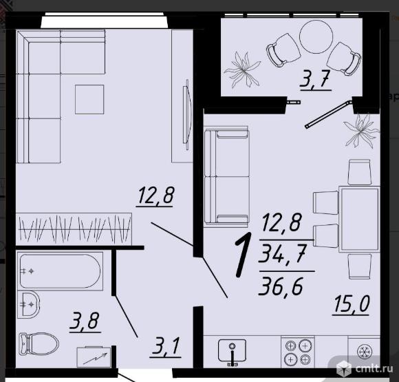 1-комнатная квартира 36,6 кв.м. Фото 1.