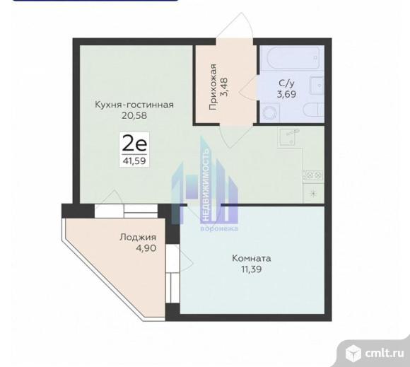 2-комнатная квартира 41,59 кв.м. Фото 1.