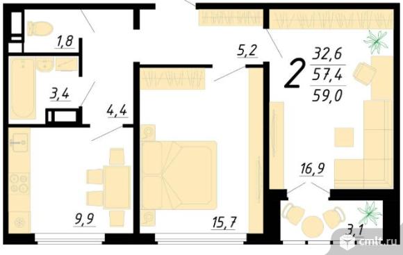 2-комнатная квартира 58,9 кв.м. Фото 1.