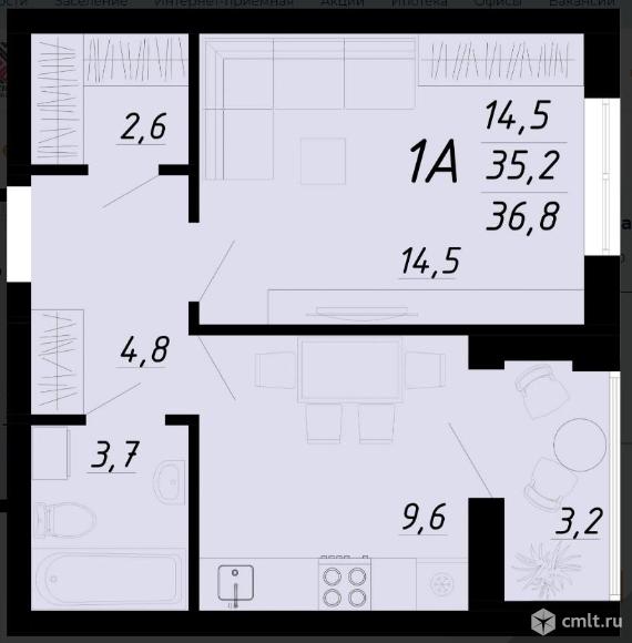 1-комнатная квартира 36,8 кв.м. Фото 1.