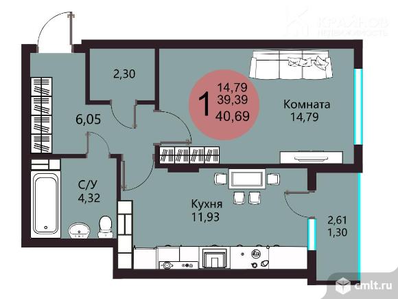 1-комнатная квартира 40,69 кв.м. Фото 1.