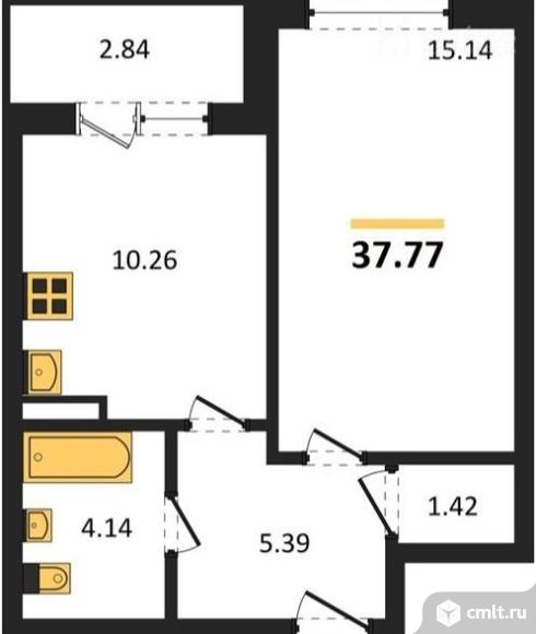 1-комнатная квартира 37,77 кв.м. Фото 1.
