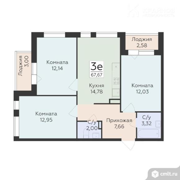 3-комнатная квартира 67,67 кв.м. Фото 1.