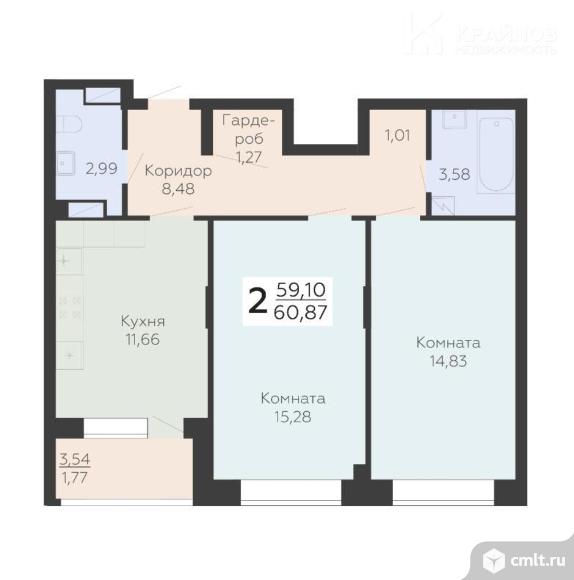 2-комнатная квартира 60,87 кв.м. Фото 1.
