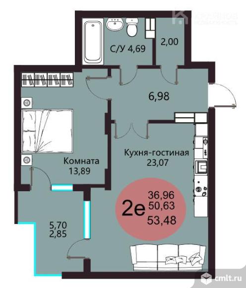 1-комнатная квартира 53,48 кв.м. Фото 1.