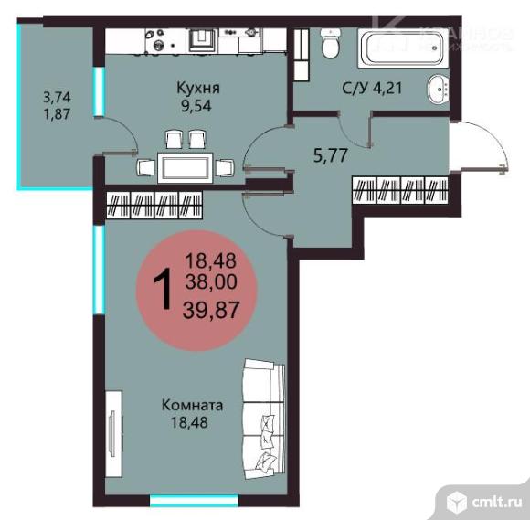 1-комнатная квартира 39,87 кв.м. Фото 1.