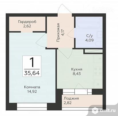 1-комнатная квартира 35,64 кв.м. Фото 1.