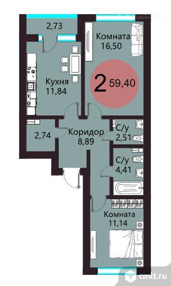 2-комнатная квартира 59,46 кв.м. Фото 1.