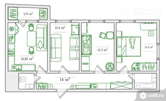3-комнатная квартира 76,3 кв.м. Фото 1.