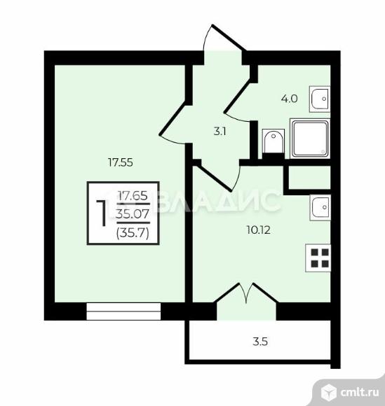 1-комнатная квартира 35,7 кв.м. Фото 8.