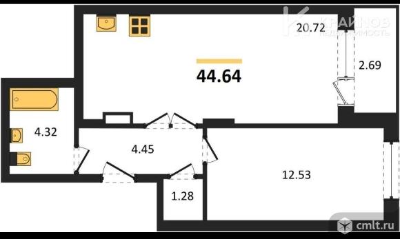 1-комнатная квартира 44,64 кв.м. Фото 1.