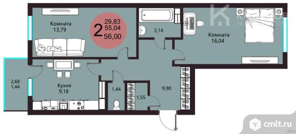 2-комнатная квартира 56,48 кв.м. Фото 3.
