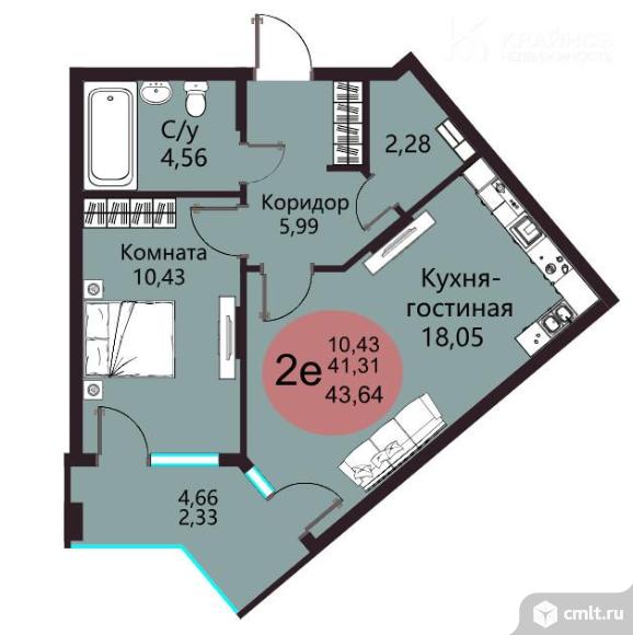 2-комнатная квартира 43,64 кв.м. Фото 1.