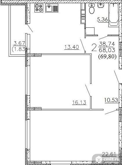 2-комнатная квартира 69 кв.м. Фото 16.