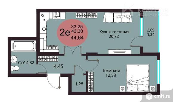 1-комнатная квартира 44,64 кв.м. Фото 1.