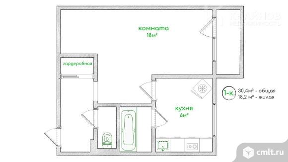 1-комнатная квартира 30,4 кв.м. Фото 1.