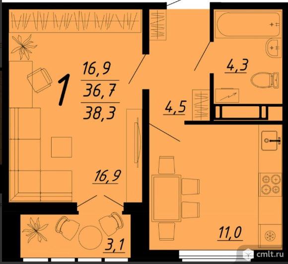 1-комнатная квартира 38,3 кв.м. Фото 3.