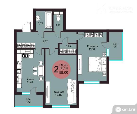 2-комнатная квартира 59,13 кв.м. Фото 1.