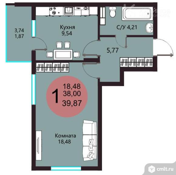 1-комнатная квартира 40 кв.м. Фото 1.