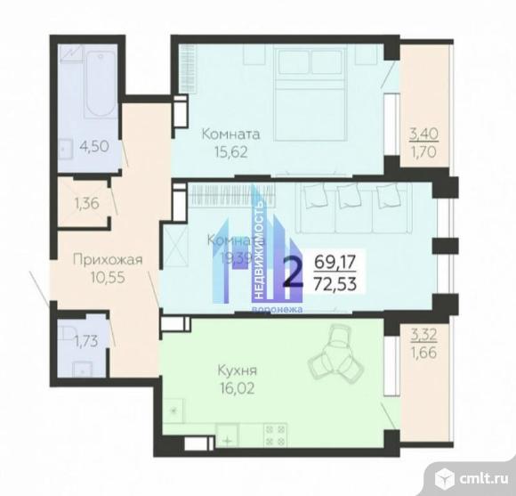 2-комнатная квартира 72,53 кв.м. Фото 16.