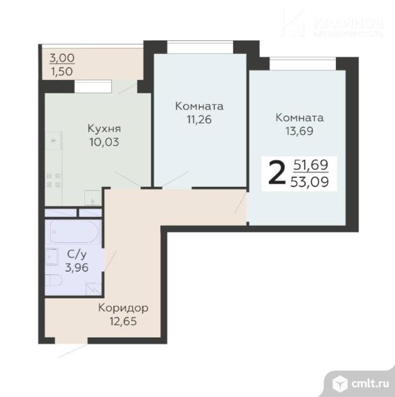 2-комнатная квартира 53,09 кв.м. Фото 1.