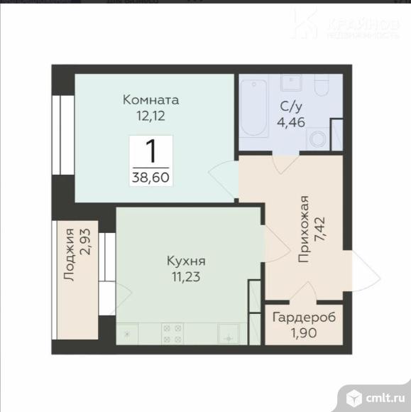 1-комнатная квартира 38,6 кв.м. Фото 1.