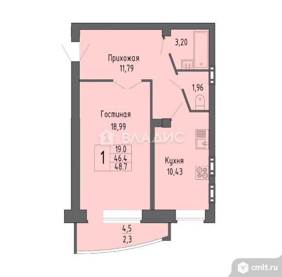 1-комнатная квартира 48,7 кв.м. Фото 8.