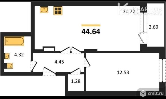 1-комнатная квартира 44,64 кв.м. Фото 1.