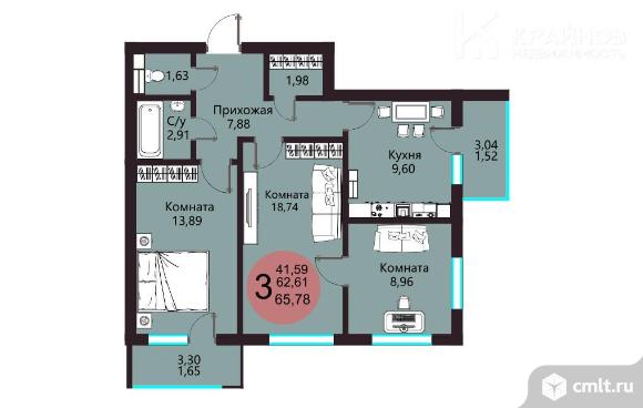 3-комнатная квартира 65,78 кв.м. Фото 1.