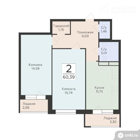 2-комнатная квартира 60,39 кв.м. Фото 1.