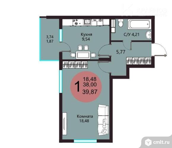 1-комнатная квартира 39,87 кв.м. Фото 1.