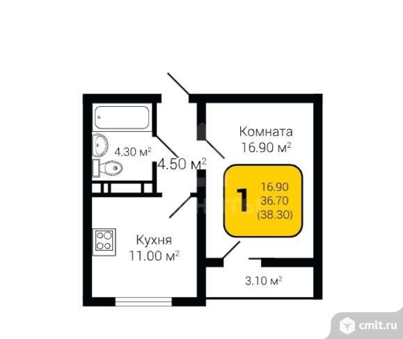 1-комнатная квартира 38,3 кв.м. Фото 1.