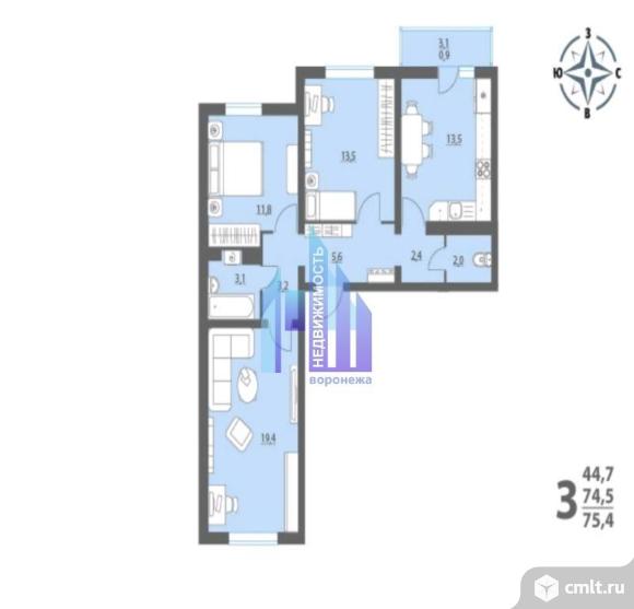 3-комнатная квартира 75 кв.м. Фото 16.