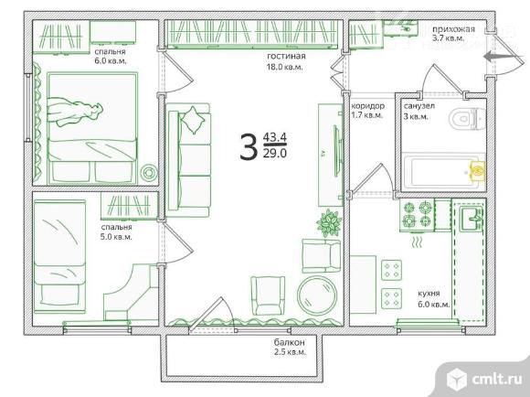 3-комнатная квартира 43,4 кв.м. Фото 1.