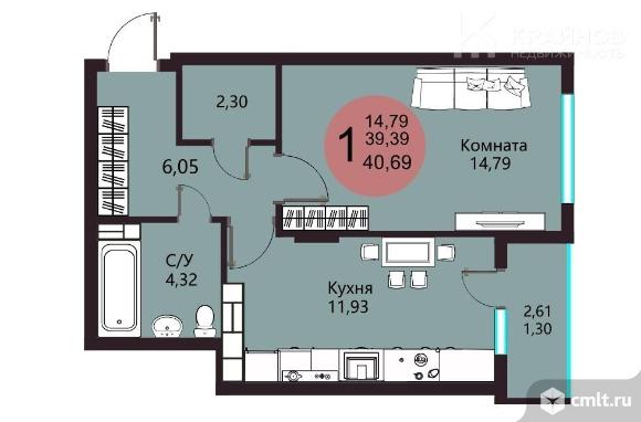1-комнатная квартира 40,69 кв.м. Фото 1.
