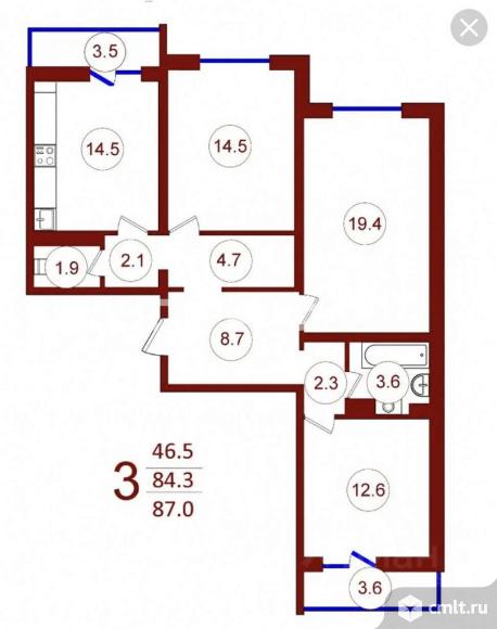 3-комнатная квартира 85 кв.м. Фото 19.