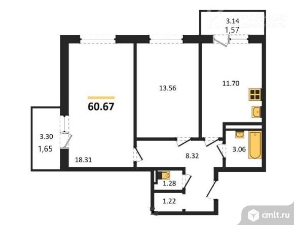 2-комнатная квартира 60,67 кв.м. Фото 1.