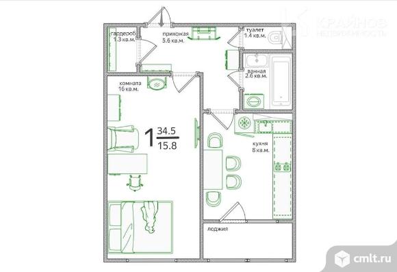 1-комнатная квартира 34,5 кв.м. Фото 1.
