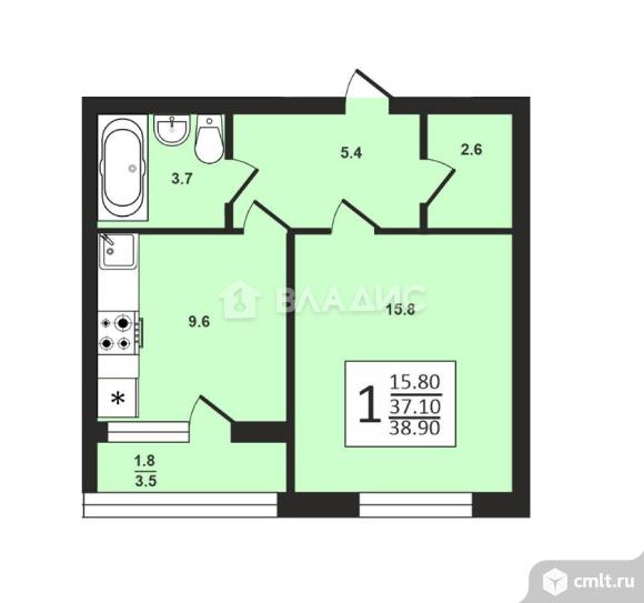 1-комнатная квартира 37,8 кв.м. Фото 16.