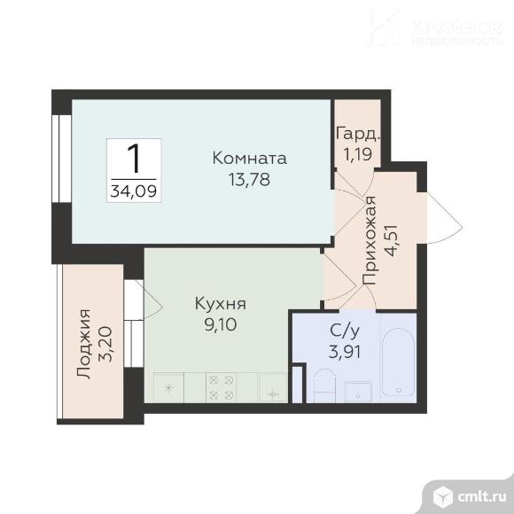 1-комнатная квартира 34,09 кв.м. Фото 1.